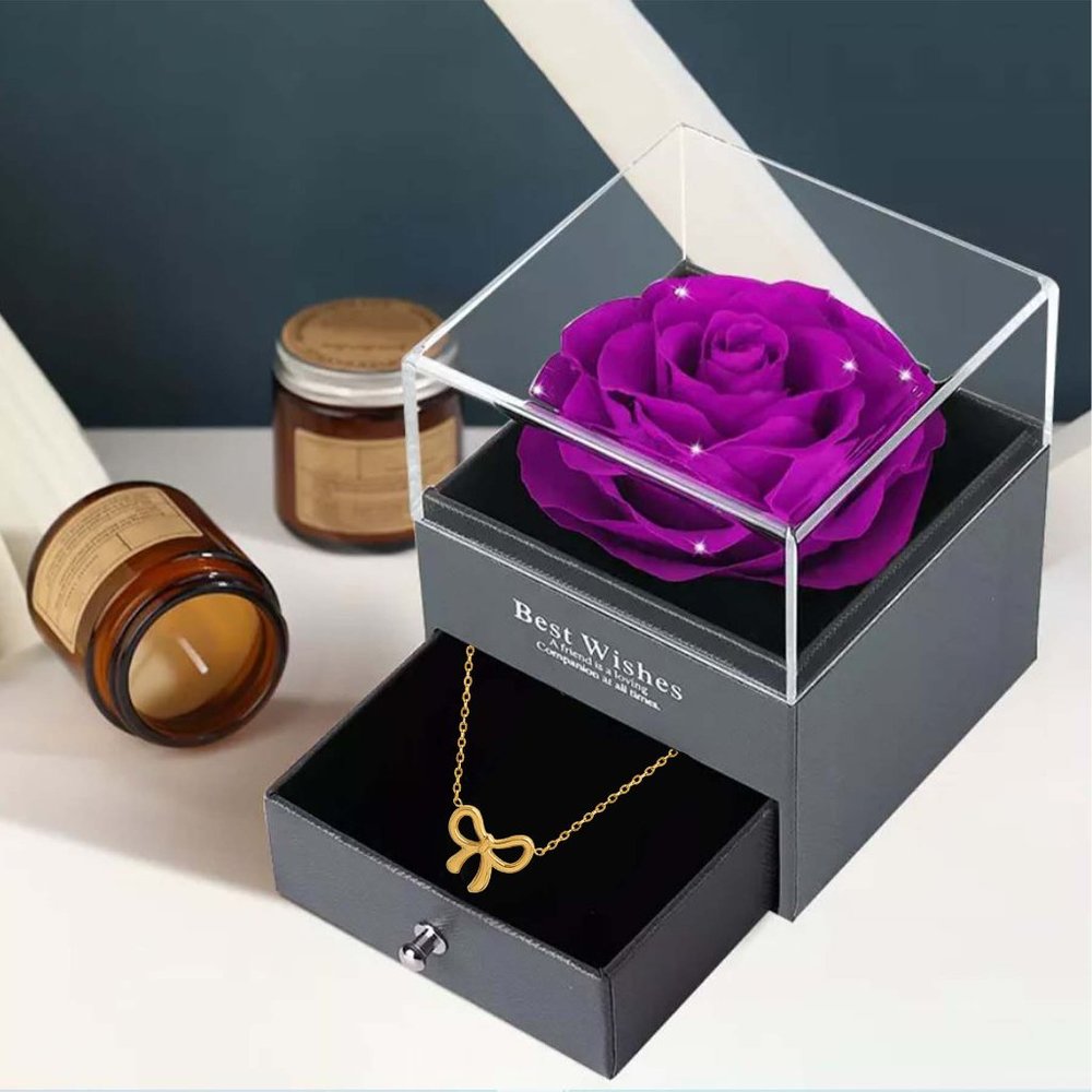 Preserved Rose In a Acrylic Box with 18K Gold Plated Bow-Knot Pendant Necklace